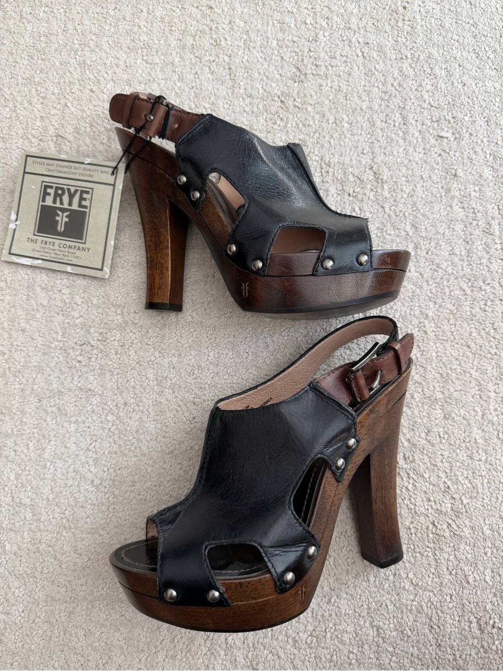 Frye Black Leather and Brown Wood Platform Slingback Heels